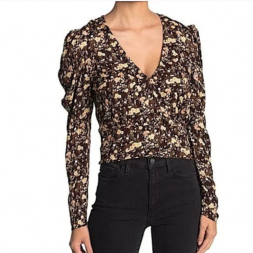 AFRM Dark Floral Puff Sleeve Smocked Waist Cropped Boho Faux Wrap Top